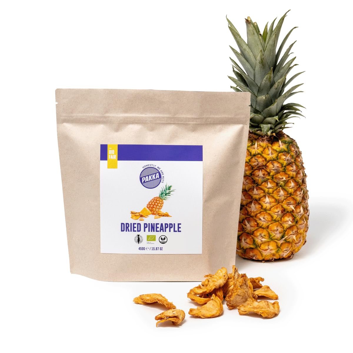 Morceaux d'ananas bio et équitable PAKKA 1kg, ananas séchés bio et équitable, non sucré, non sulfuré, produit et rempli directement par le producteur en Colombie, vegan 1000g Produits déshydratés Naty Shop Variante 1 : 450 G (1 paquet)