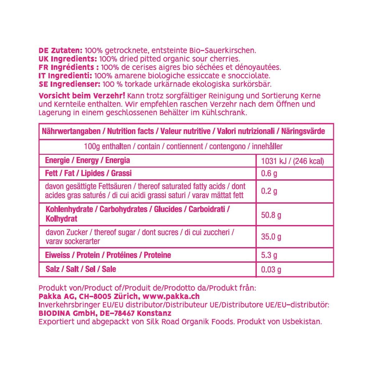 PAKKA - Cerises biologiques séchées au soleil du commerce équitable 750 g, Cerises biologiques récoltées à l'état sauvage, non sucrées, non sucrées provenant directement de petits agriculteurs de Samarkand, Ouzbékistan, végétaliennes, 750 g Naty Shop Produits déshydratés