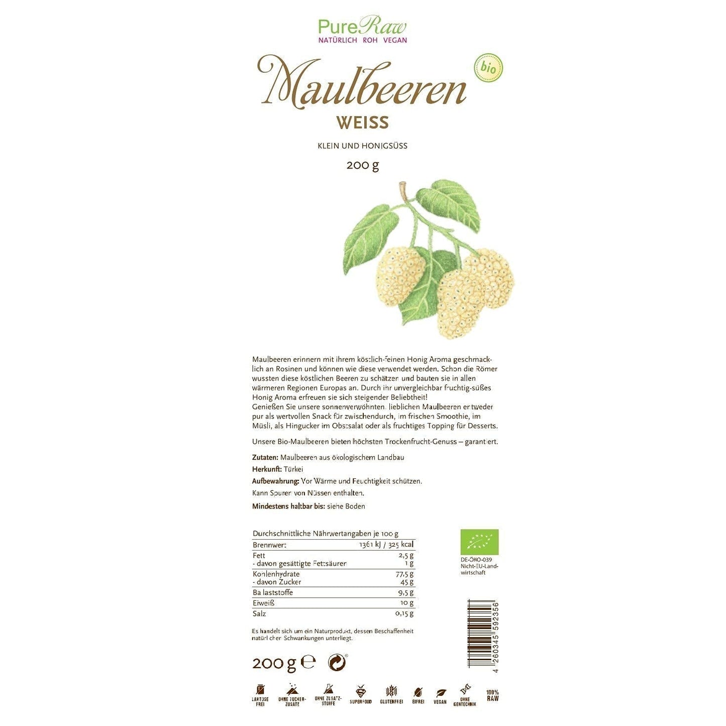Mûres blanches séchées biologiques de qualité supérieure (crues végétaliennes) Morus Alba Mulberry Fruit - Fruits secs sans sucre ajouté de Turquie - Fruits secs de mûres blanches crues biologiques | Produits déshydratés PureRaw 200g Naty Shop