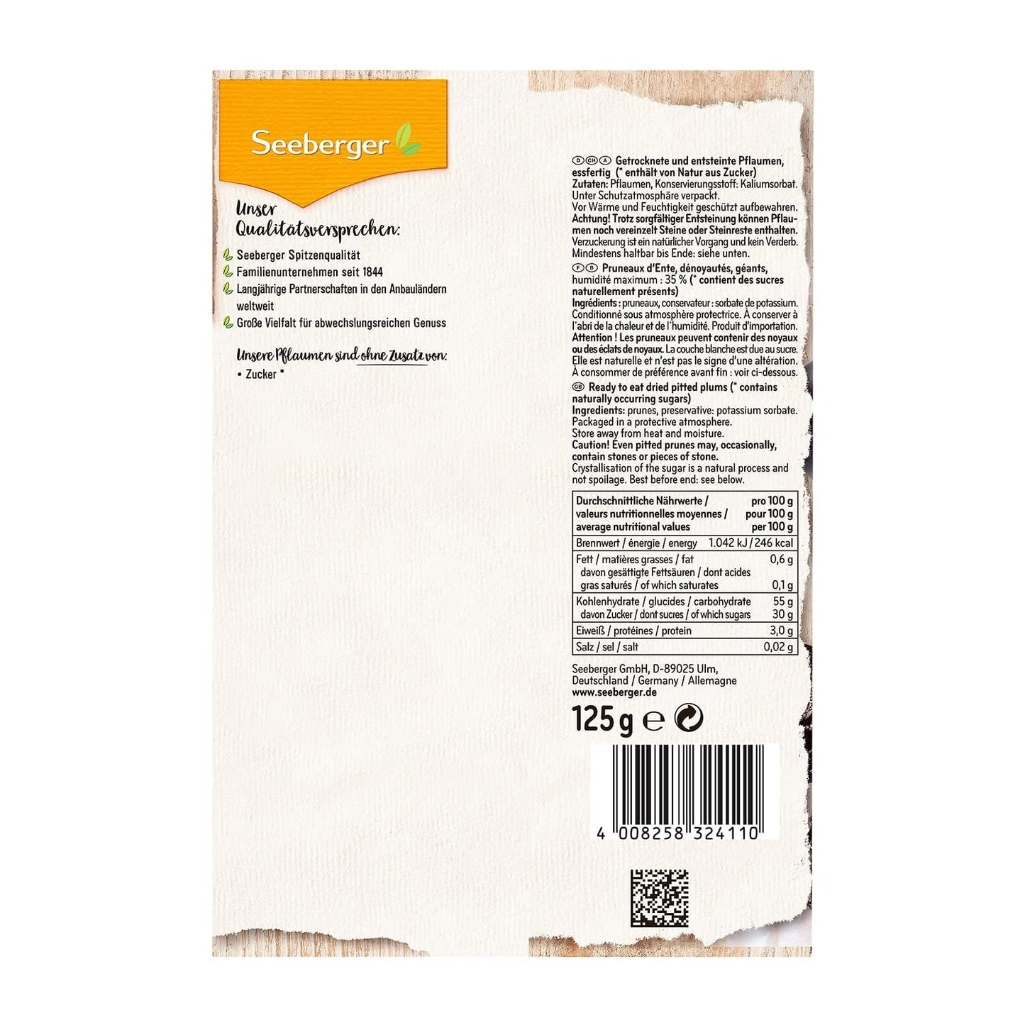Prunes Seeberger dénoyautées, 125 g Produits déshydratés Naty Shop