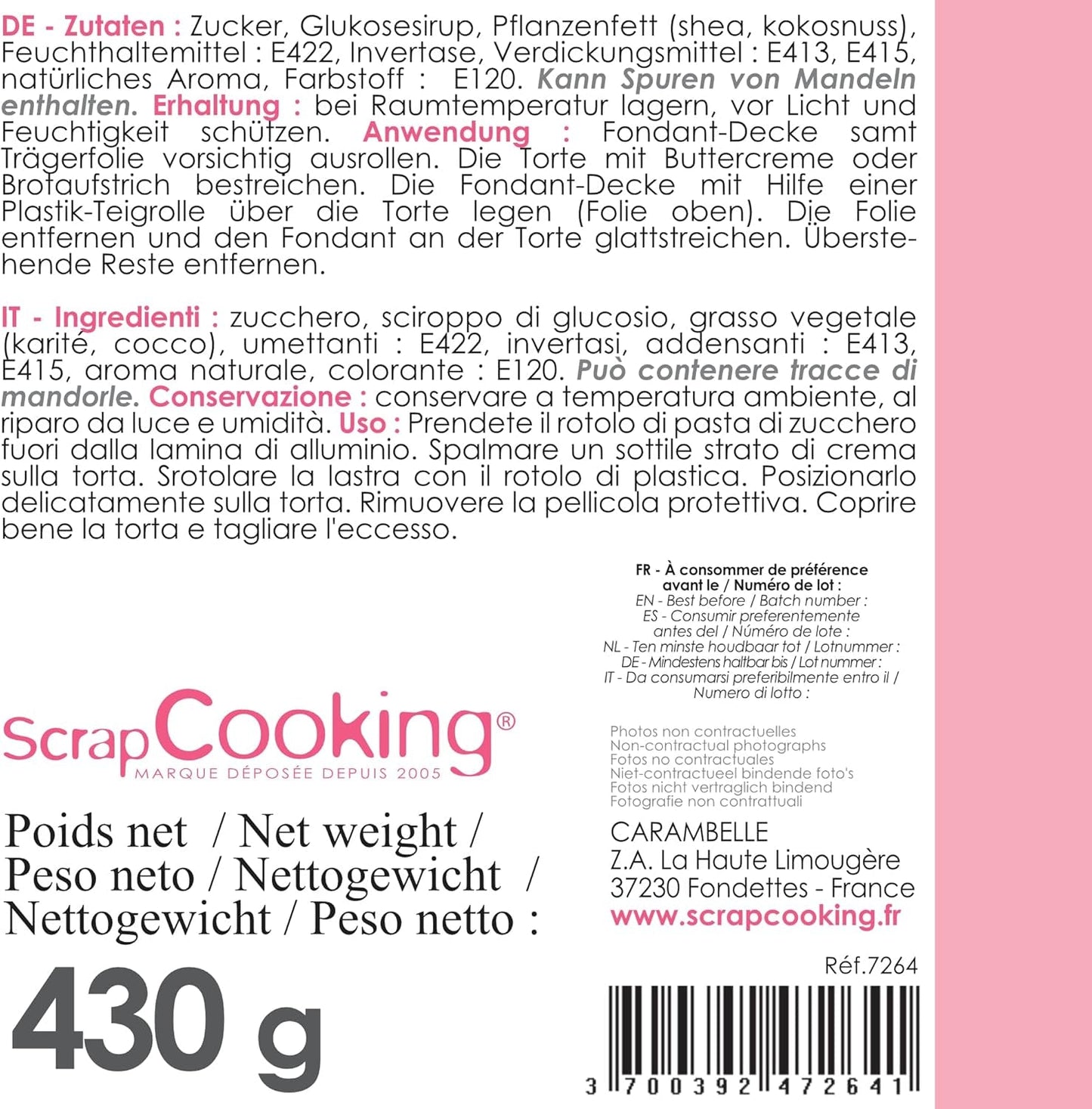 ScrapCooking - Rouleau de fondant rose â'¬ 36 cm - Fondant noir roulé 430 g - Cake topper fondant topper décoration pour gâteaux, pâtisserie, anniversaires, fêtes - Rose - 7264 Pâte à sucre Naty Shop