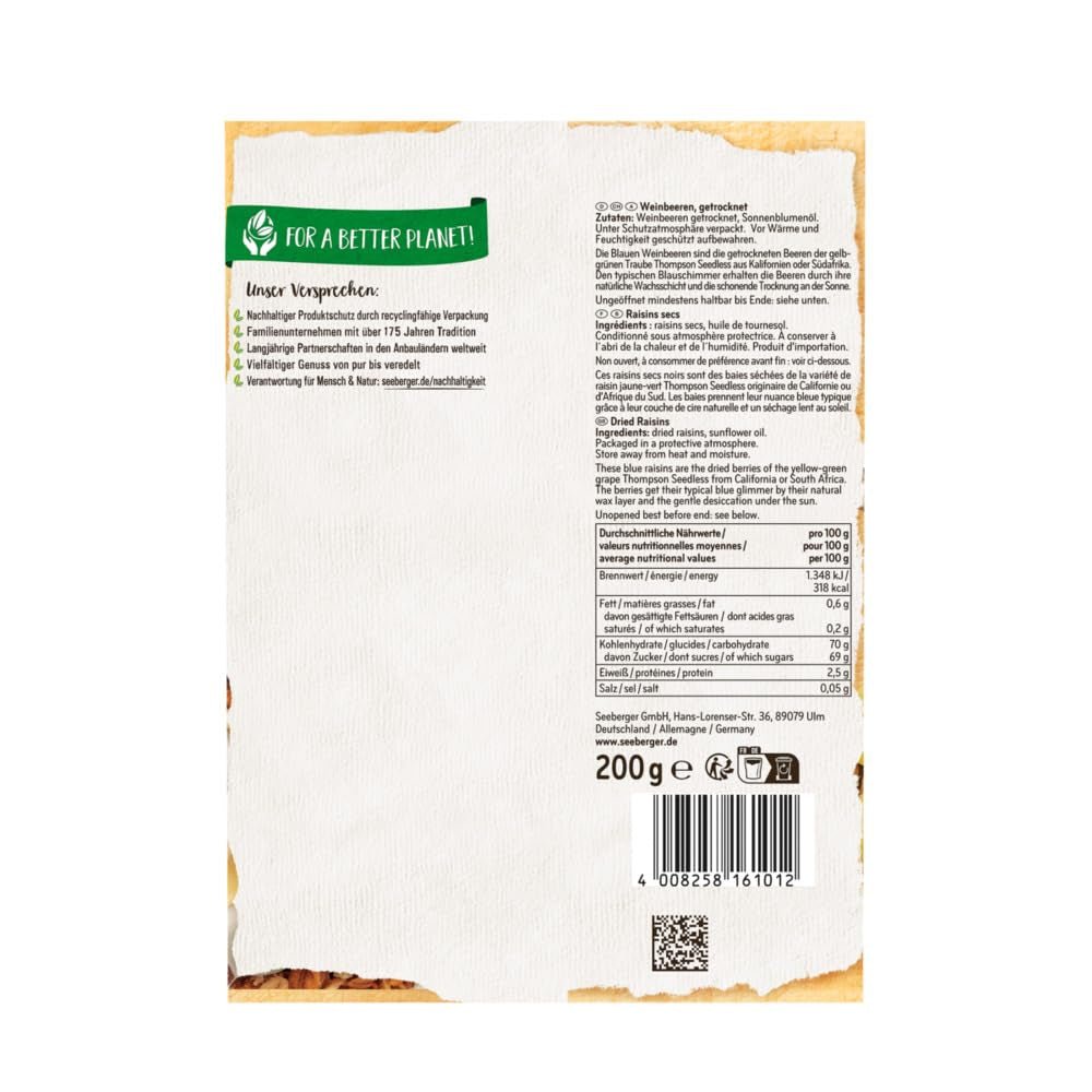 Seeberger Blue Sultanas 13 Pack : Sultanas de raisin sans pépins Thompson sucrées et juteuses - pour la pâtisserie, la cuisine et les collations - séchées au soleil - non sulfurées, végétaliennes (13 x 200 g) Naty Shop Produits déshydratés