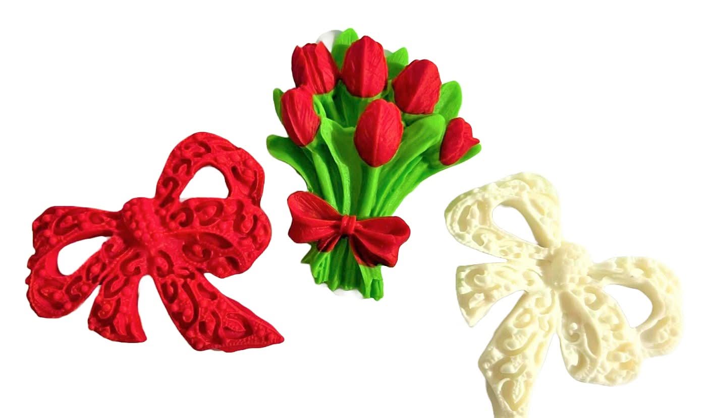 Lot de 3 décorations comestibles en sucre, Décorations Bouquet de tulipes et noeuds de Pâte à Sucre Nati Shop