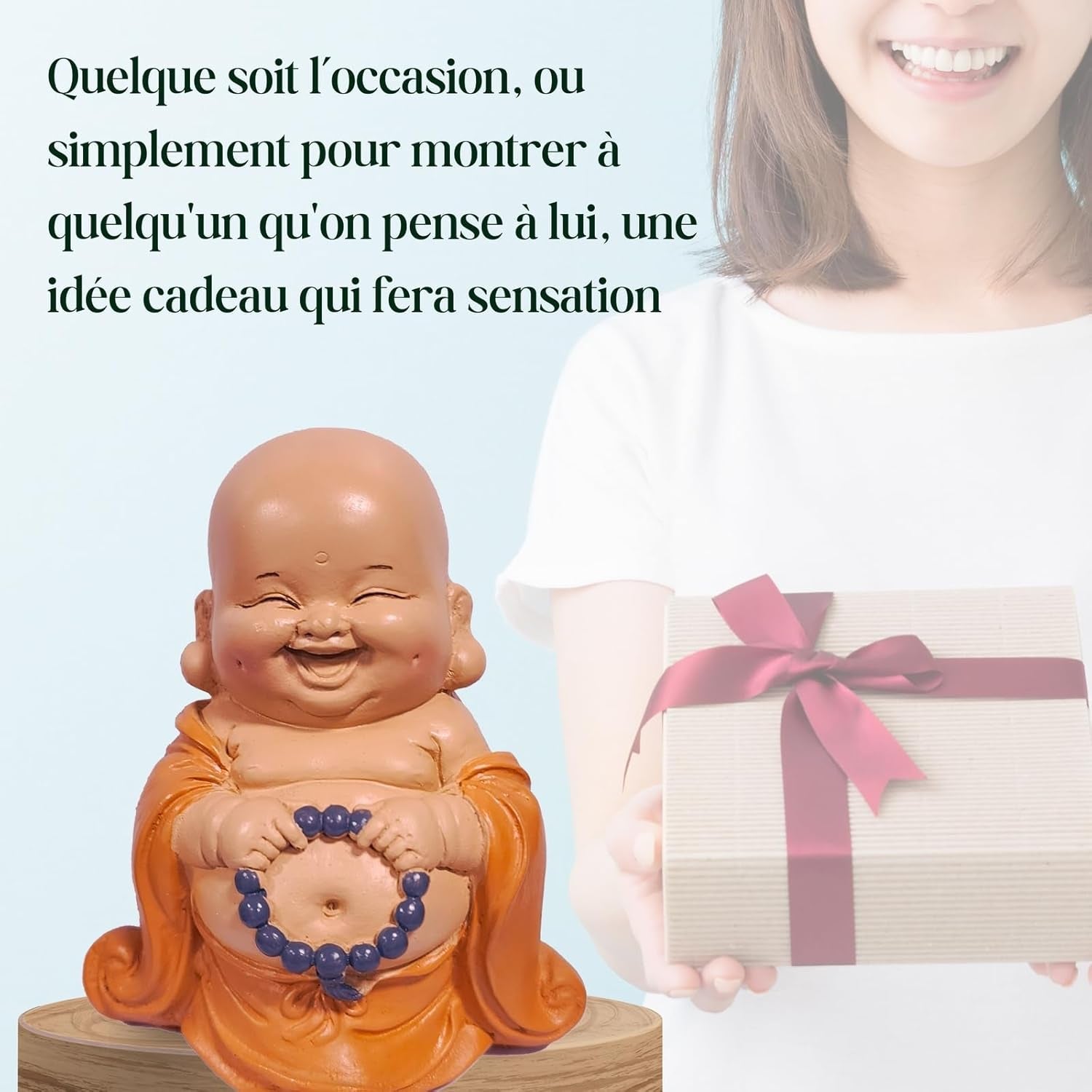 Statue Bouddha rieur avec chapelet - Figurine inspirante et joyeuse - Talisman porte-bonheur plein de positivité - Idée cadeau mignonne et spirituelle - -H 10 cm - Zen'Light Statues et sculptures Naty Shop