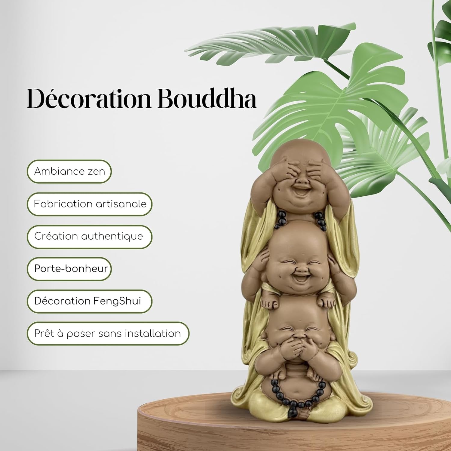 Statue 3 Bouddhas rieurs - Ne rien voir - Ne rien entendre - Ne rien dire - Bébé Bouddha Ensemble symbolique - Ambiance paisible et joyeuse - Déco Zen - H 18 cm - Zen'Light Statuettes et sculptures Naty Shop