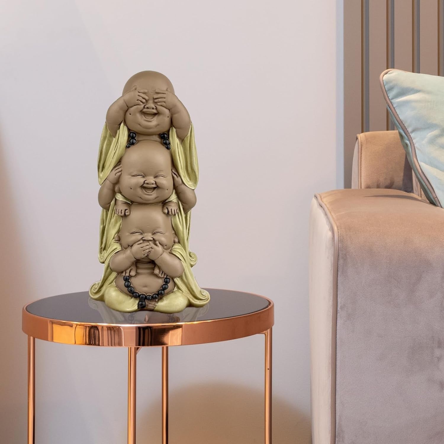 Statue 3 Bouddhas rieurs - Ne rien voir - Ne rien entendre - Ne rien dire - Bébé Bouddha Ensemble symbolique - Ambiance paisible et joyeuse - Déco Zen - H 18 cm - Zen'Light Statuettes et sculptures Naty Shop