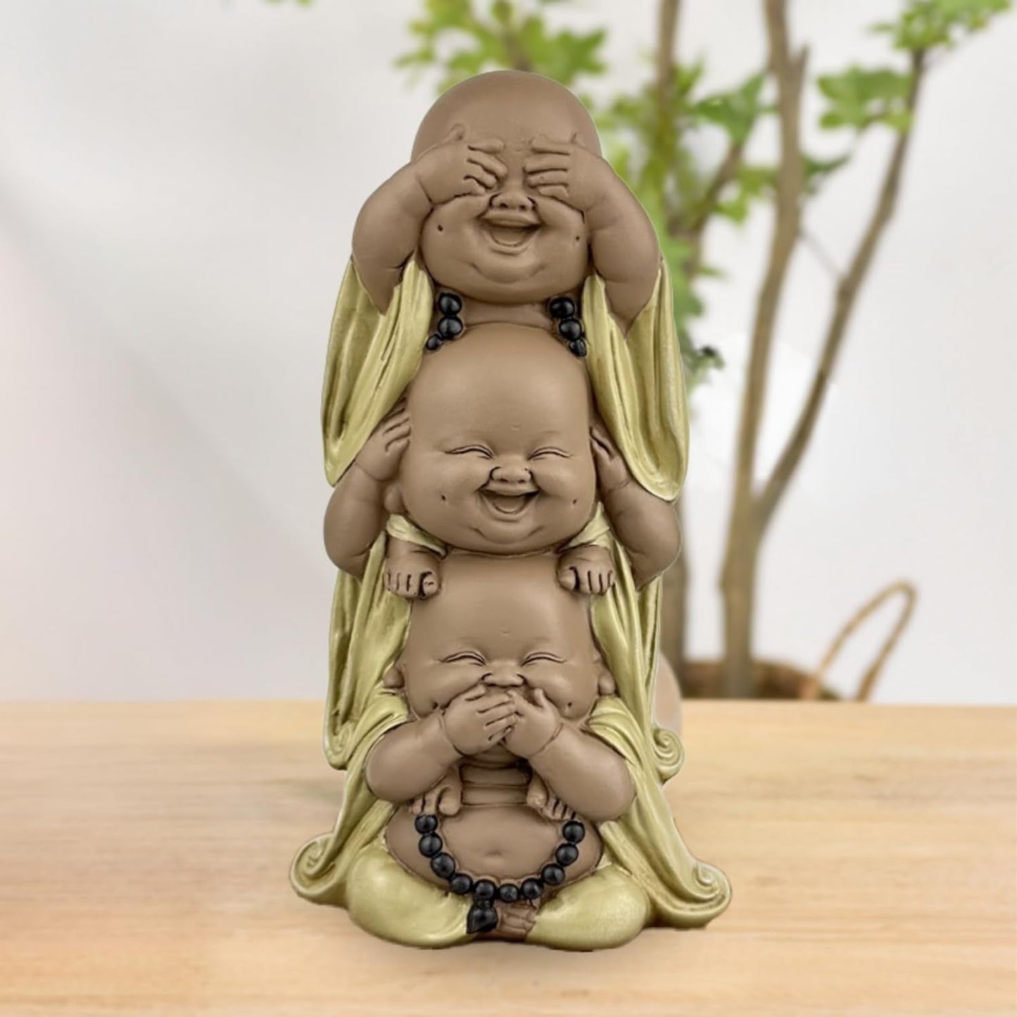 Statue 3 Bouddhas rieurs - Ne rien voir - Ne rien entendre - Ne rien dire - Bébé Bouddha Ensemble symbolique - Ambiance paisible et joyeuse - Déco Zen - H 18 cm - Zen'Light Statuettes et sculptures Naty Shop