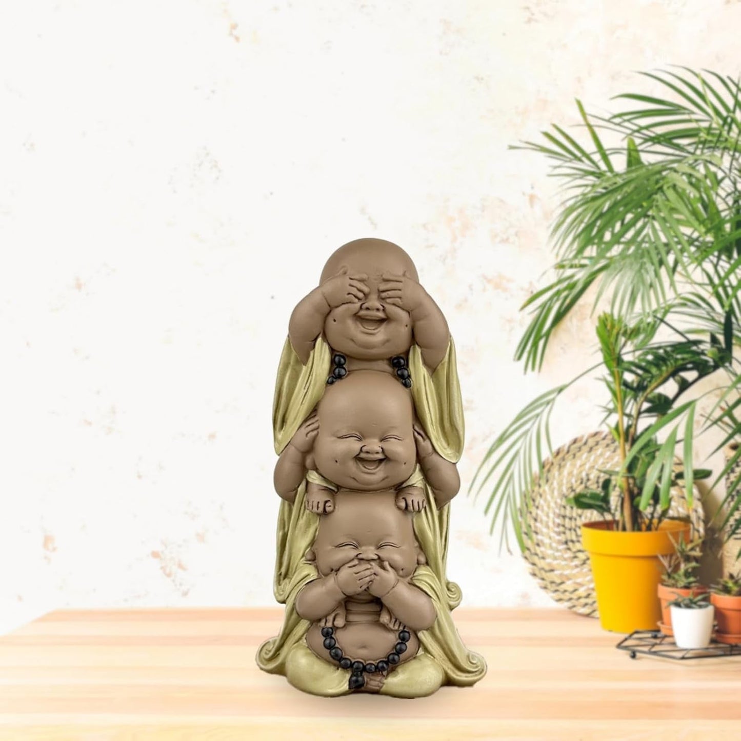 Statue 3 Bouddhas rieurs - Ne rien voir - Ne rien entendre - Ne rien dire - Bébé Bouddha Ensemble symbolique - Ambiance paisible et joyeuse - Déco Zen - H 18 cm - Zen'Light Statuettes et sculptures Naty Shop