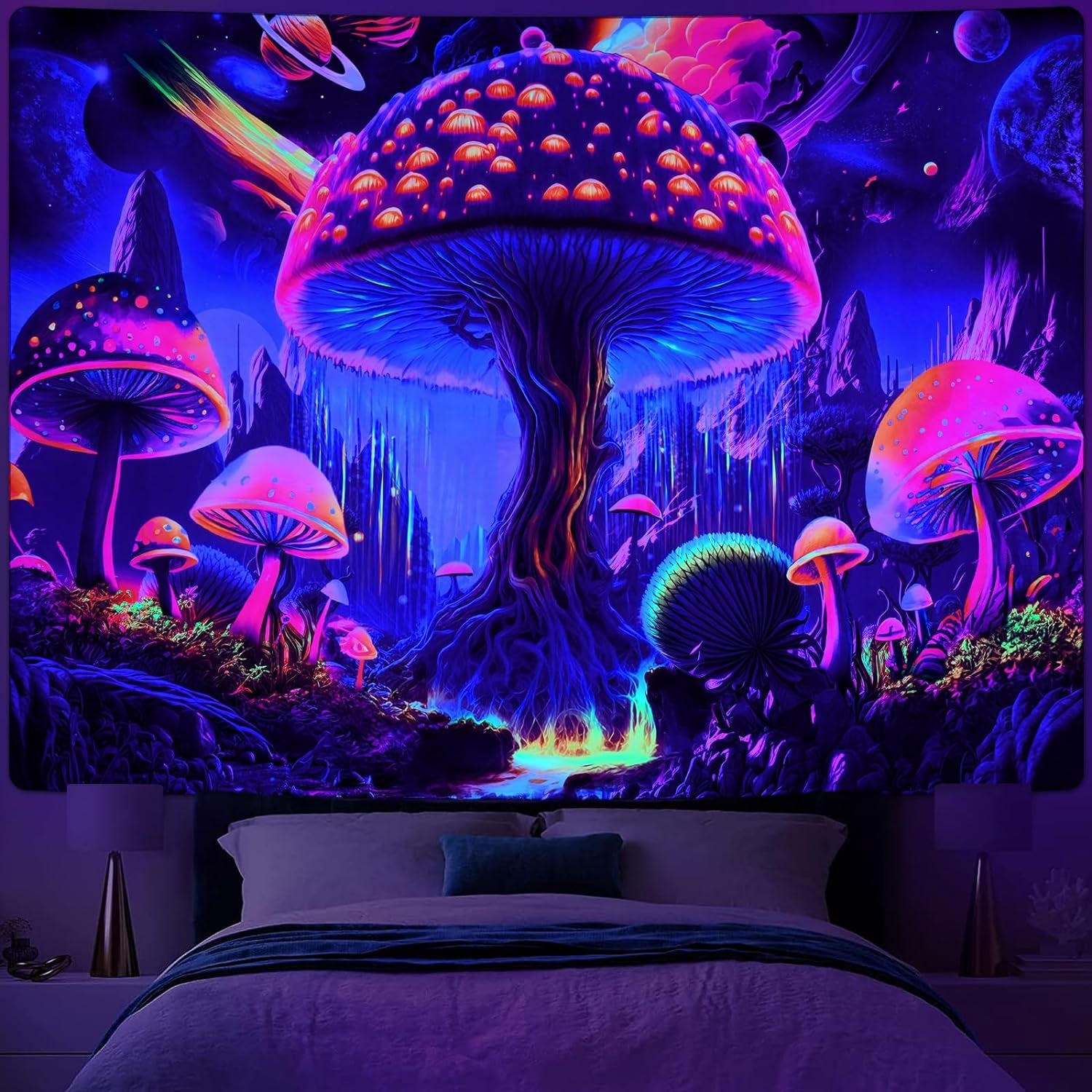 Tapisserie alishomtll lumière noire champignon phase de lune Maison - Accessoires et Décorations Naty Shop