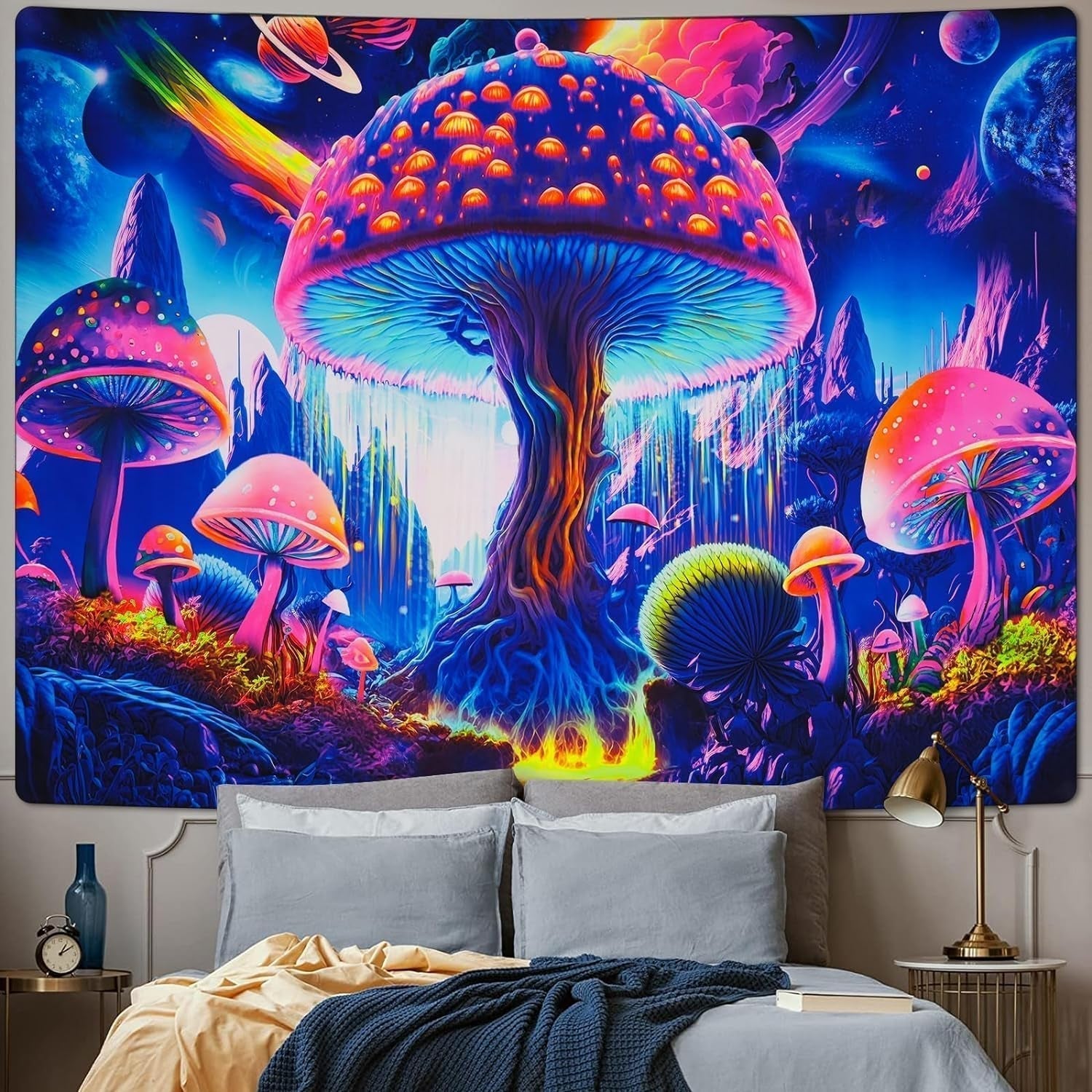 Tapisserie alishomtll lumière noire champignon phase de lune Maison - Accessoires et Décorations Naty Shop