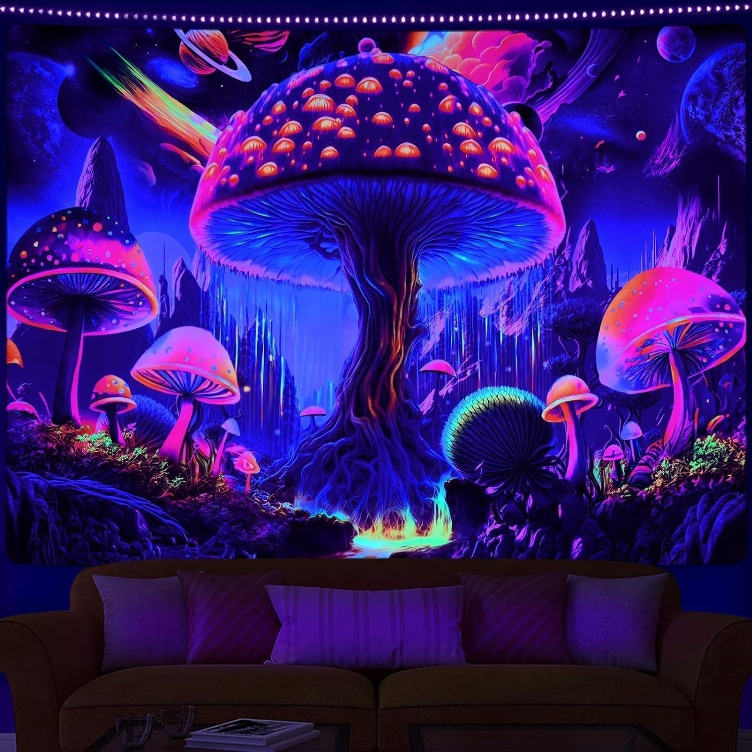 Tapisserie alishomtll lumière noire champignon phase de lune Maison - Accessoires et Décorations Naty Shop Multi 210L X 150B Cm