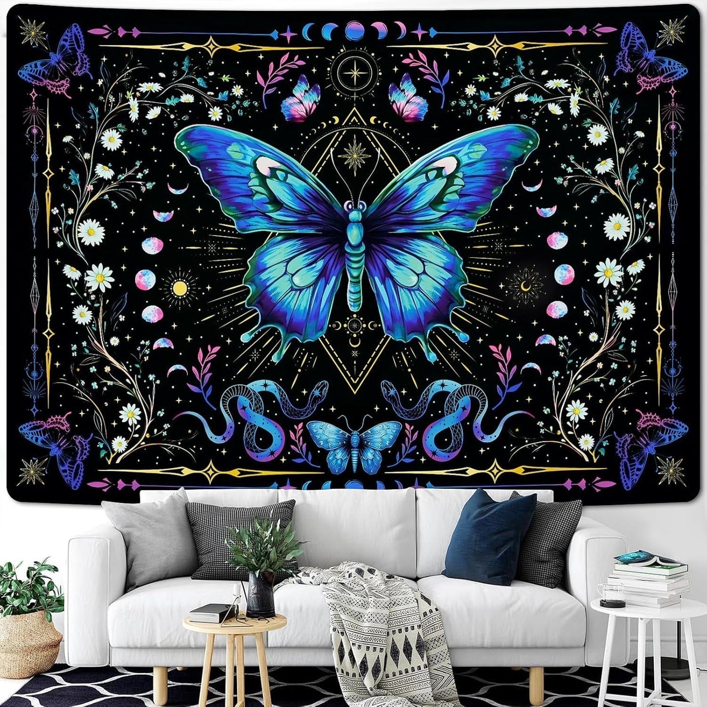 Tapisserie alishomtll papillon phase de lune floral marguerite noir Maison - Accessoires et Décorations Naty Shop