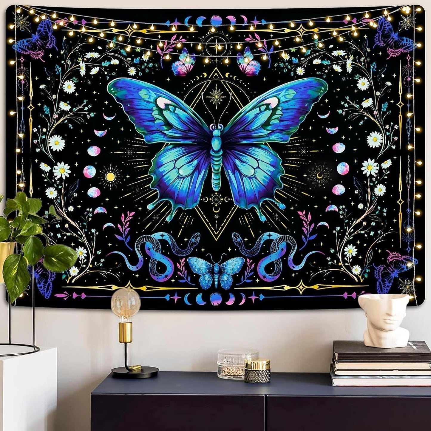 Tapisserie alishomtll papillon phase de lune floral marguerite noir Maison - Accessoires et Décorations Naty Shop