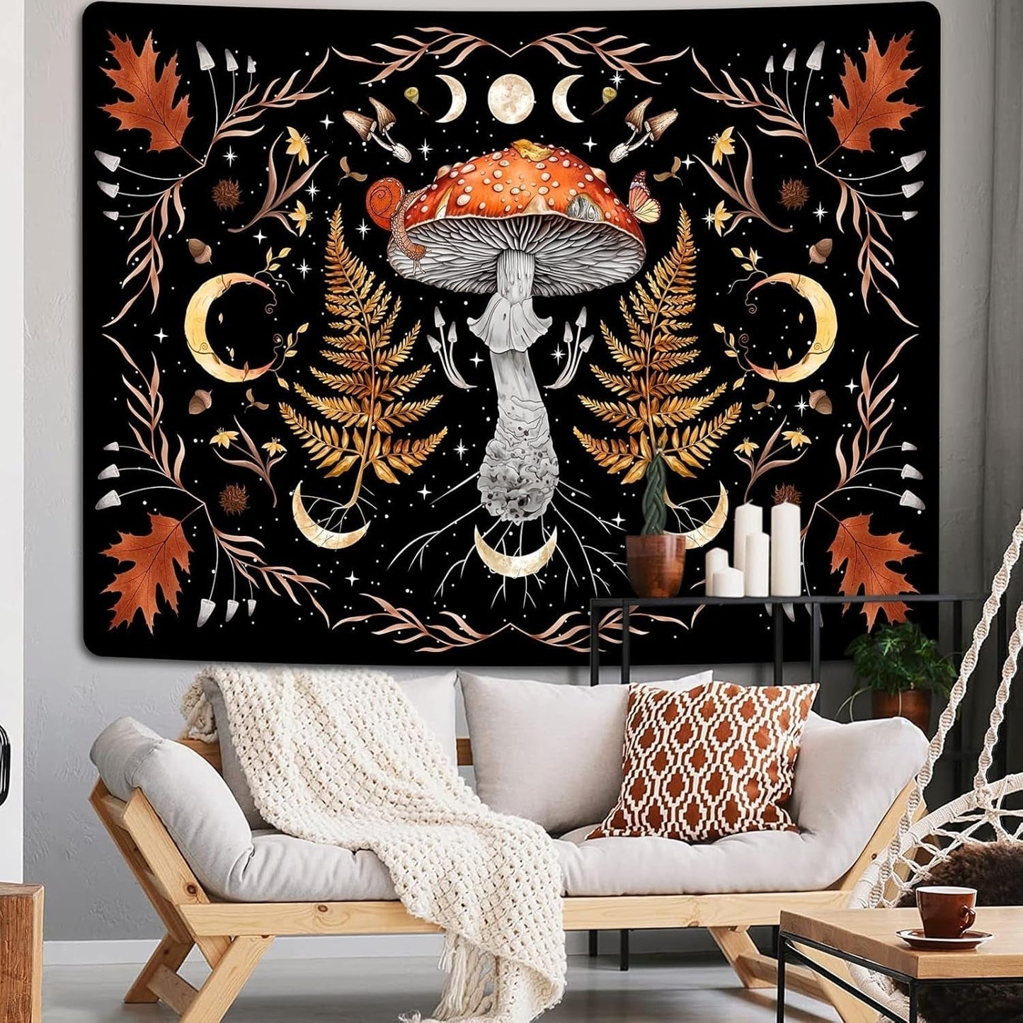 Tapisserie alishomtll vintage champignon lune feuille d'érable botanique Maison - Accessoires et Décorations Naty Shop