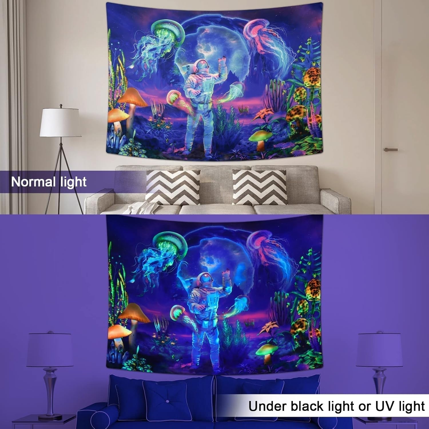 Tapisserie betylfoy lumière noire astronaute plantes réactives méduses Maison - Accessoires et Décorations Naty Shop