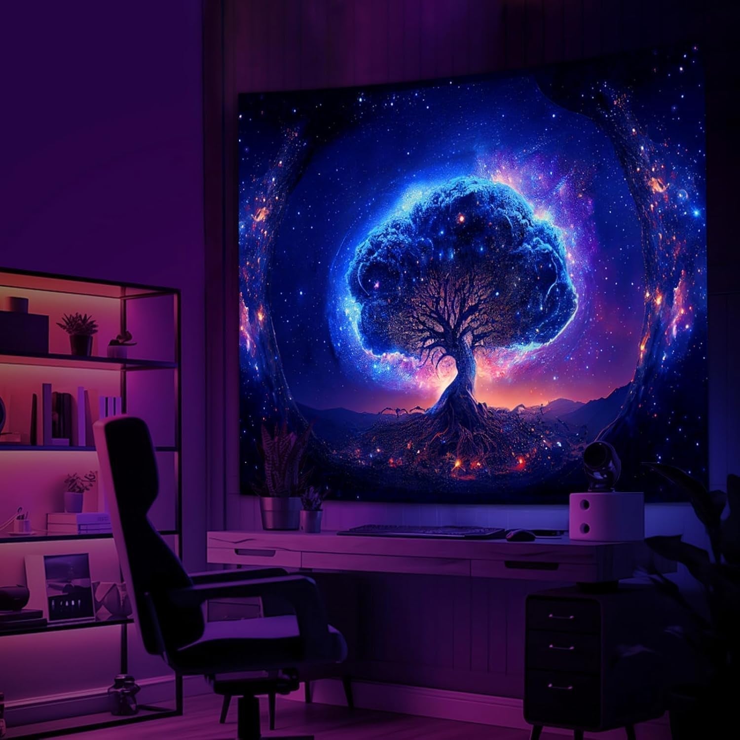 Tapisserie arbre lumière noire esthétique spatiale Maison - Accessoires et Décorations Naty Shop