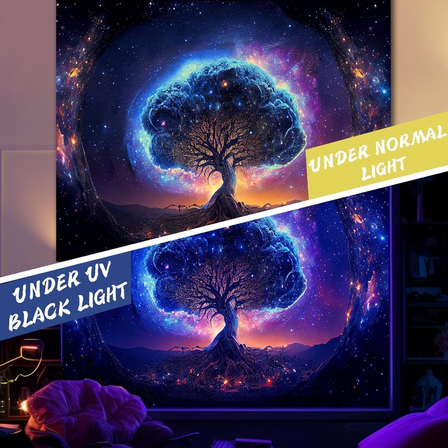 Tapisserie arbre lumière noire esthétique spatiale Maison - Accessoires et Décorations Naty Shop
