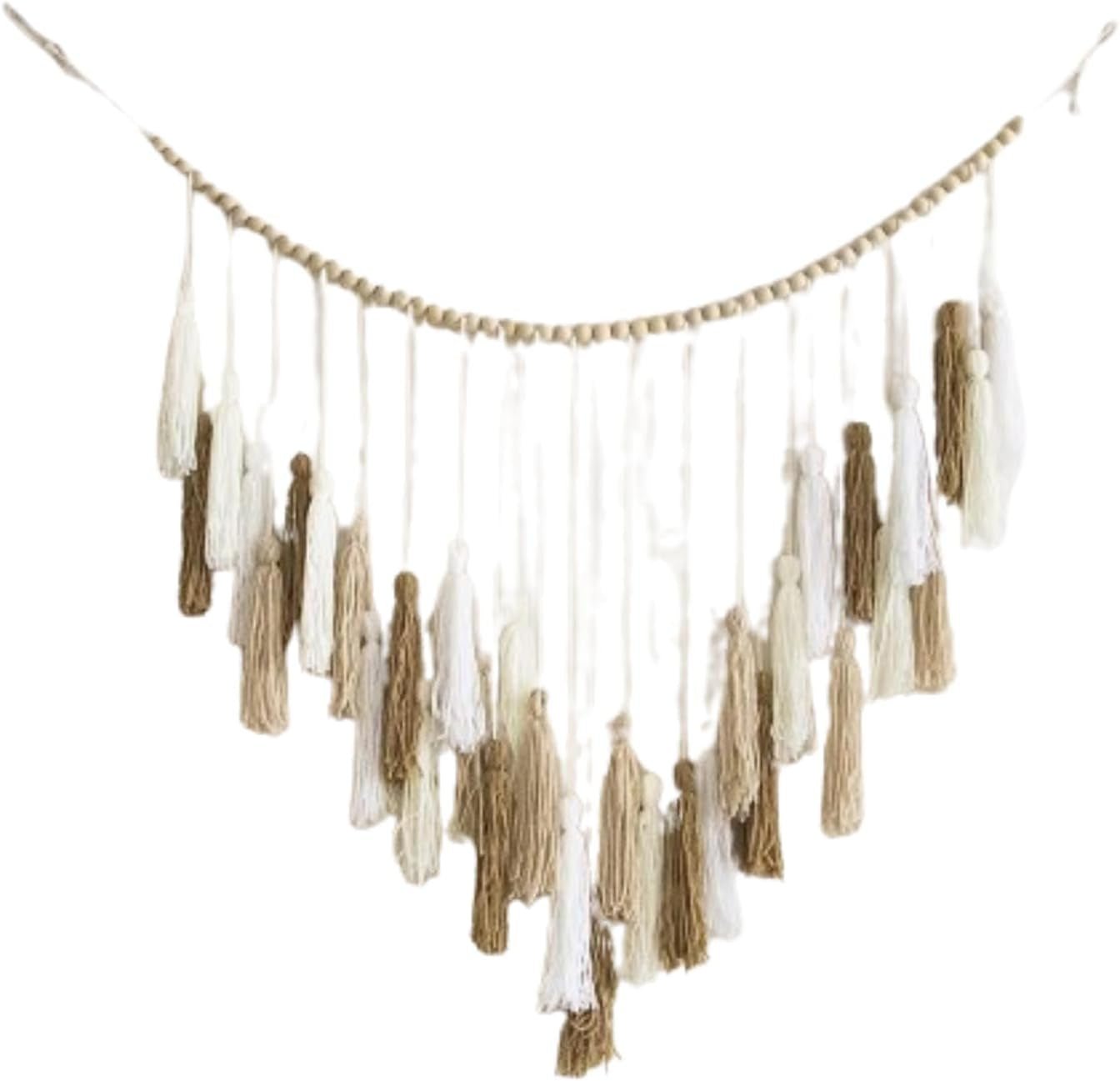 Tapisserie déco suspendue tissée pastorale en perles de bois Maison - Accessoires et Décorations Naty Shop Kaki