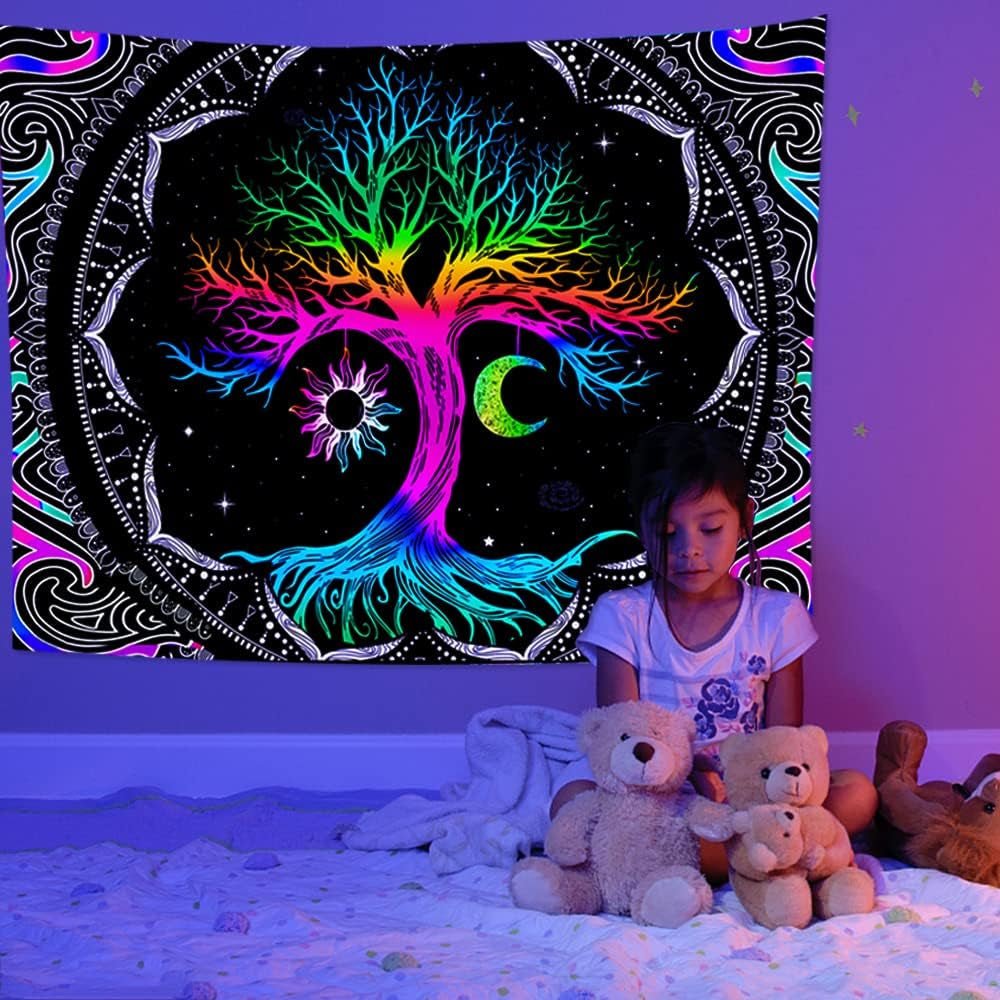 Tapisserie fluorescente arbre vie lune psychédélique Accueil - Accessoires et Décorations Naty Shop