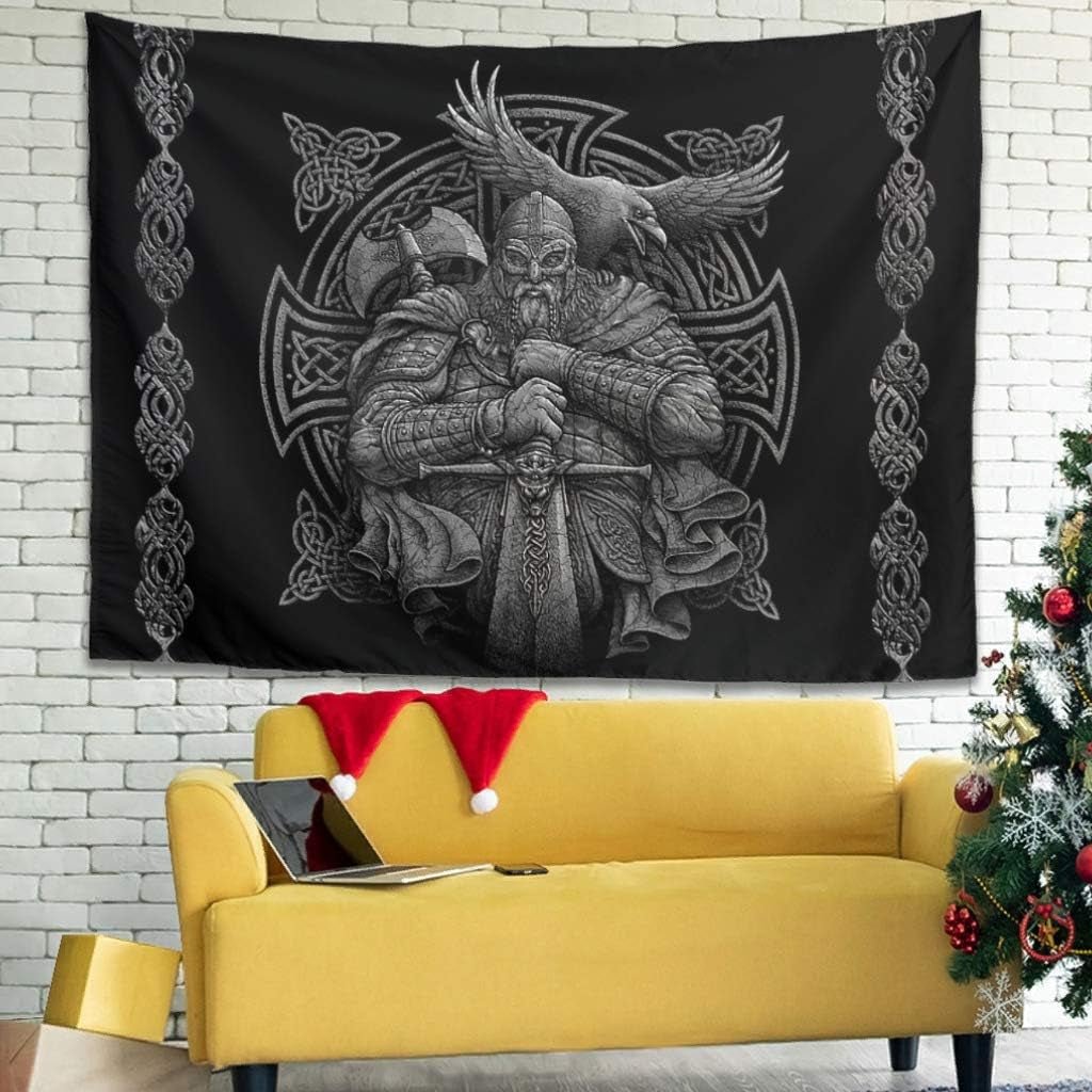 Tapisserie grise viking odin hache épée corbeau croix Accueil - Accessoires et Décorations Naty Shop Default Title