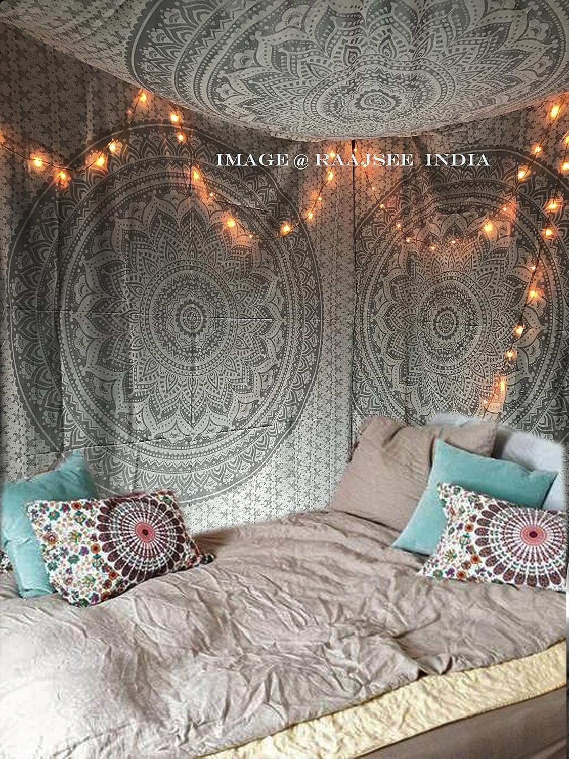 Tapisserie indienne mandala argent blanc chambre toile esthétique Maison - Accessoires et Décorations Naty Shop