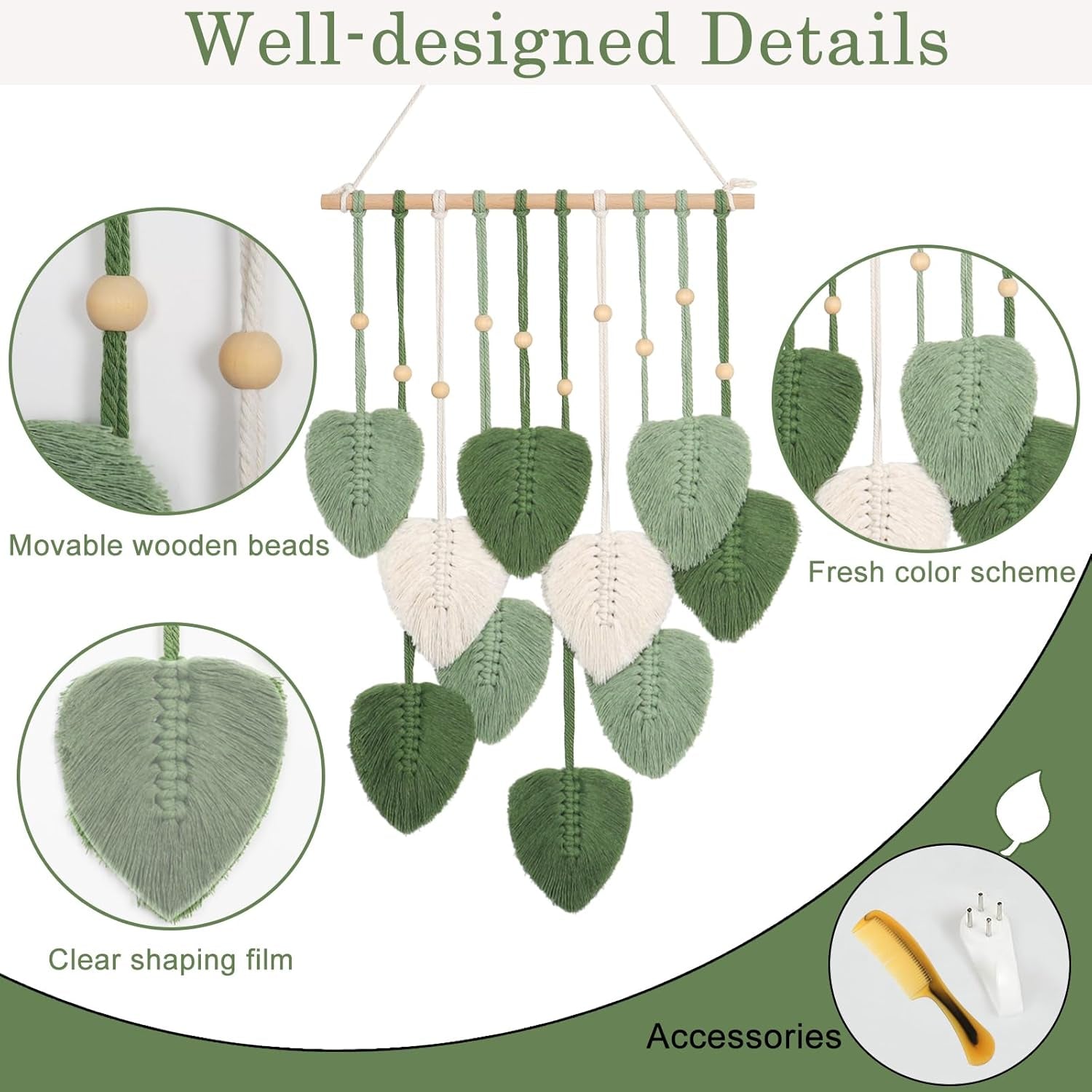 Tapisserie faite main avec perles en bois et feuilles vertes Casa - Accessoires et Décorations Naty Shop