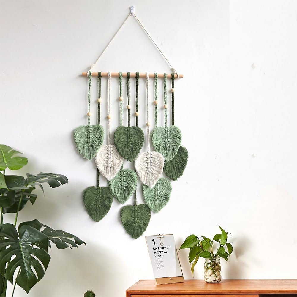 Tapisserie faite main avec perles en bois et feuilles vertes Casa - Accessoires et Décorations Naty Shop