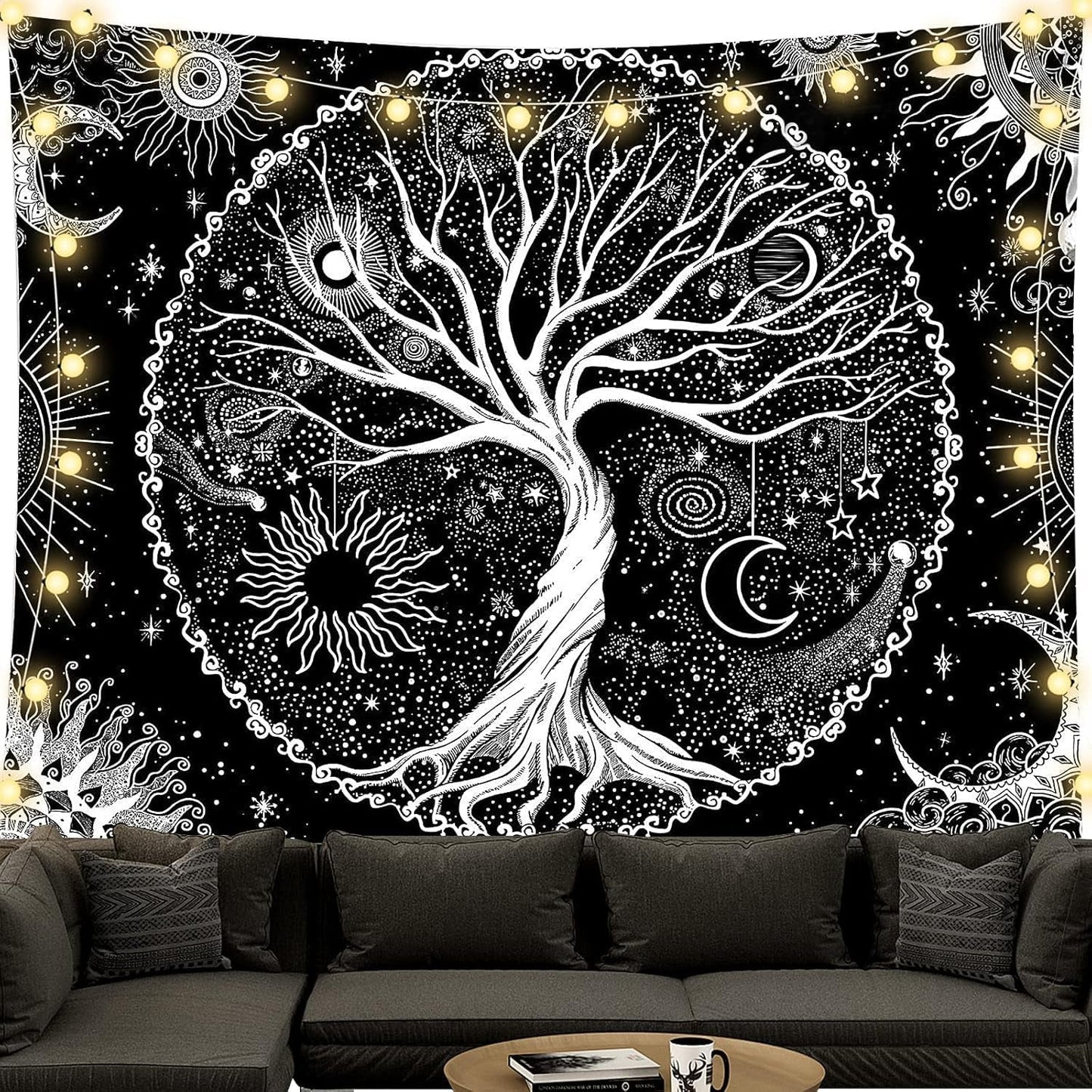 Tapisserie arbre de vie noir et blanc tapisserie phases de lune Accueil - Accessoires et Décorations Naty Shop Arbre de vie 200L X 150B Cm