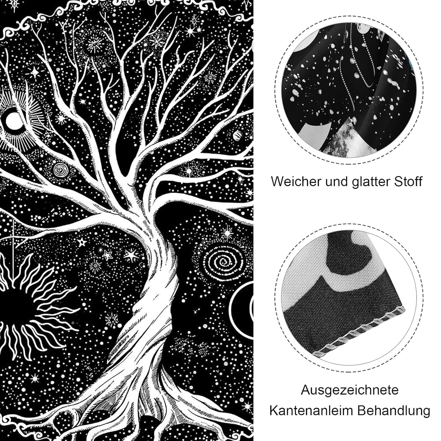 Tapisserie noir blanc arbre vie tapisserie phases lune Maison - Accessoires et Décorations Naty Shop