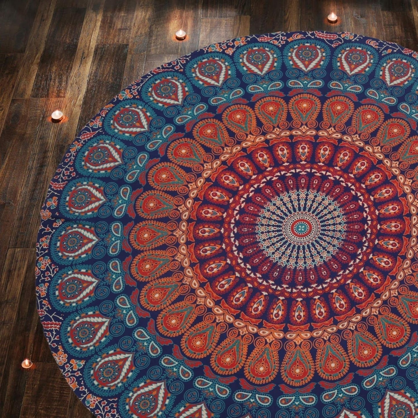 Tapisserie ronde paon mandala centimètres roundie visage hippie Accueil - Accessoires et Décorations Naty Shop Bleu doré 122L X 122B Cm