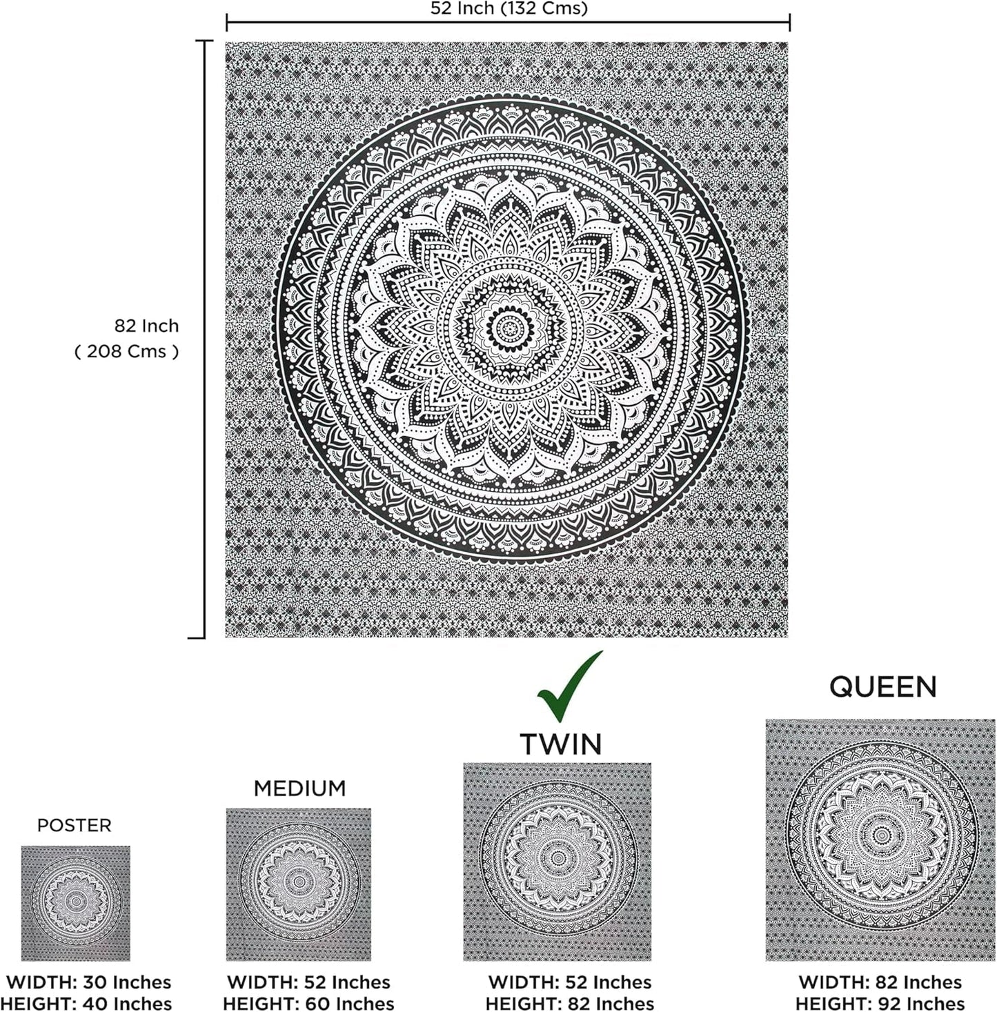 Tapisserie tapisserie mandala gris noir tissu mural Maison - Accessoires et Décorations Naty Shop
