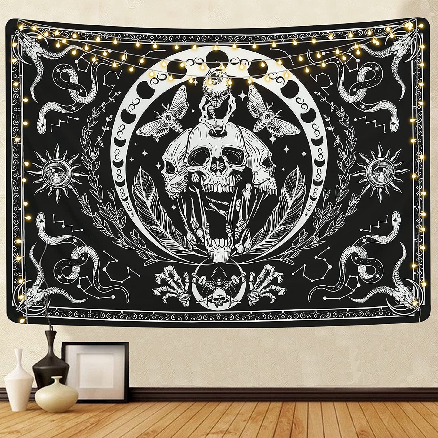 Tapisserie yugarlibi squelette noir serpent papillon toile esthétique Maison - Accessoires et Décorations Naty Shop Noir 150L X 130B Cm