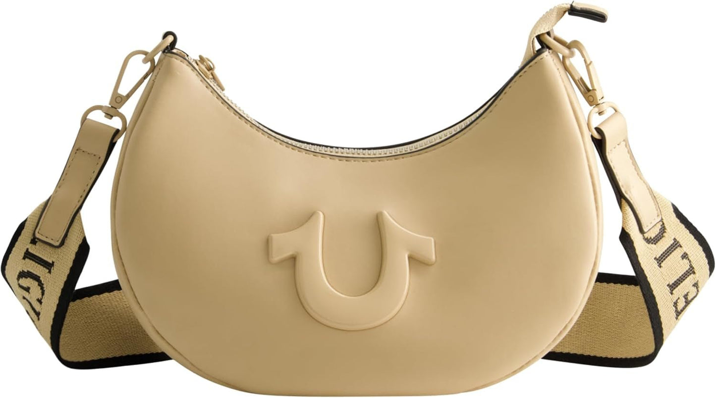 True Religion Sac à bandoulière pour femme, sac à main Crescent Hobo avec sangle amovible réglable et logo en fer à cheval Sacs pour femme Naty Shop Camel
