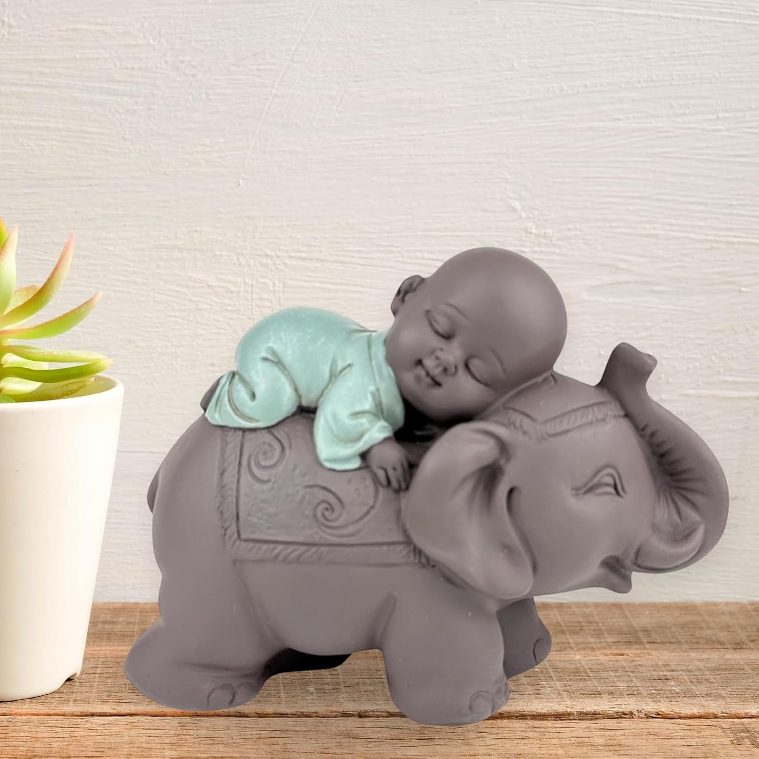 Zen'Light Statue Bouddha Bonze Dormant sur un Éléphant - Ambiance zen dans votre espace sacré - belle figure de bon augure -H 9,5 cm, Marron & Vert Statuettes et sculptures Naty Shop