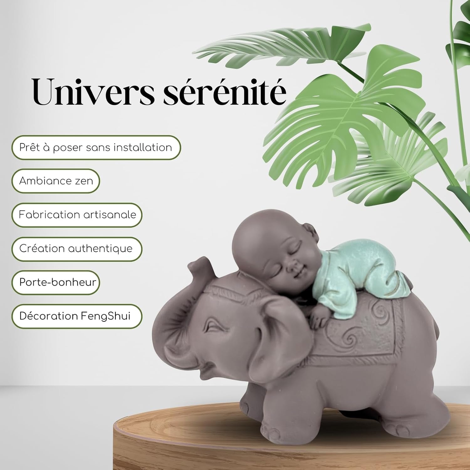 Zen'Light Statue Bouddha Bonze Dormant sur un Éléphant - Ambiance zen dans votre espace sacré - belle figure de bon augure -H 9,5 cm, Marron & Vert Statuettes et sculptures Naty Shop