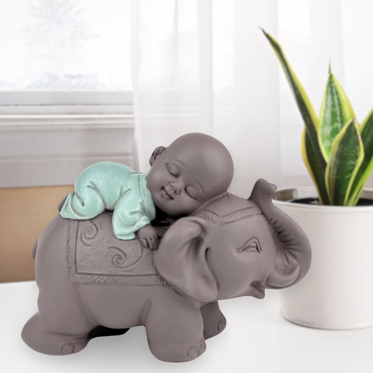 Zen'Light Statue Bouddha Bonze Dormant sur un Éléphant - Ambiance zen dans votre espace sacré - belle figure de bon augure -H 9,5 cm, Marron & Vert Statuettes et sculptures Naty Shop