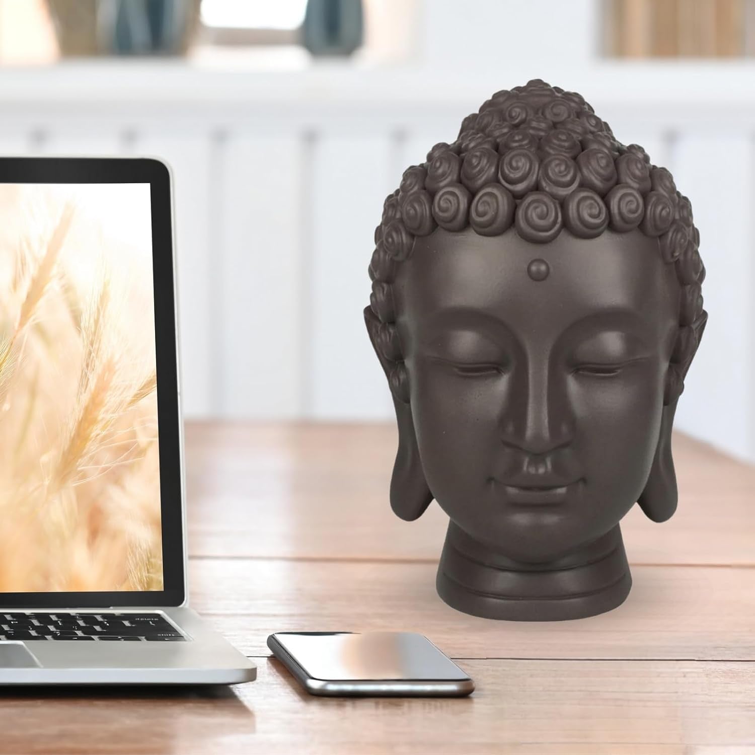 Zen'Light - Statuette tête de Bouddha - Décoration pour le zen, la méditation et le feng shui - Cadeau pour une ambiance relaxante et spirituelle - Statuette de Bouddha - Hauteur : 20 cm - Couleur : vert/marron Statuettes et sculptures Naty Shop